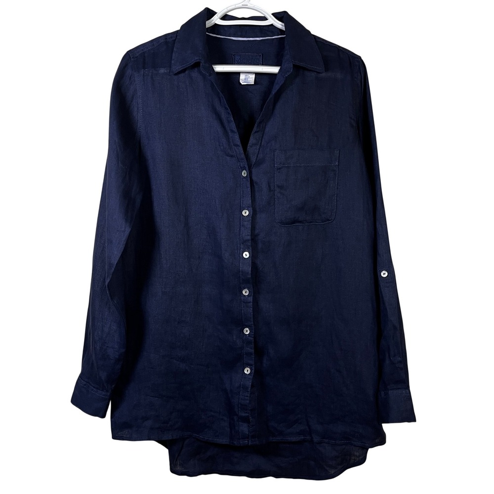 Sigrid Olsen Navy Blue 100% Linen Roll Tab Button Down Tunic Shirt S Nautical
